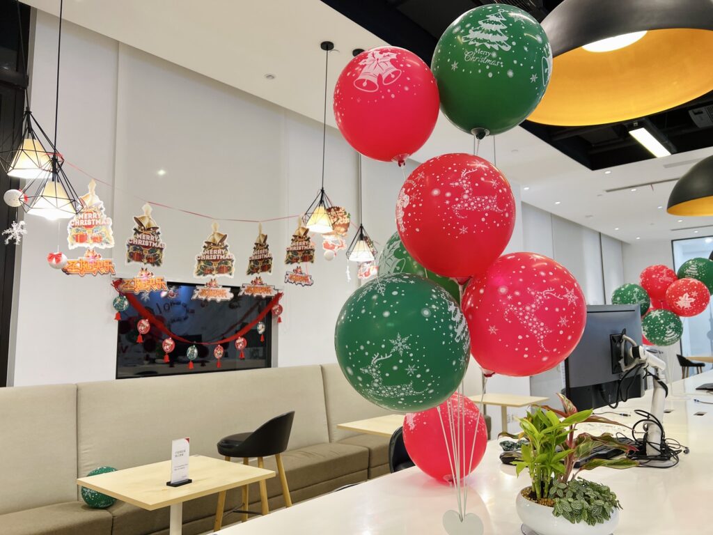 Christmas indoor decoration in a public rest area of a foreign company in Shanghai, China. Balloons.